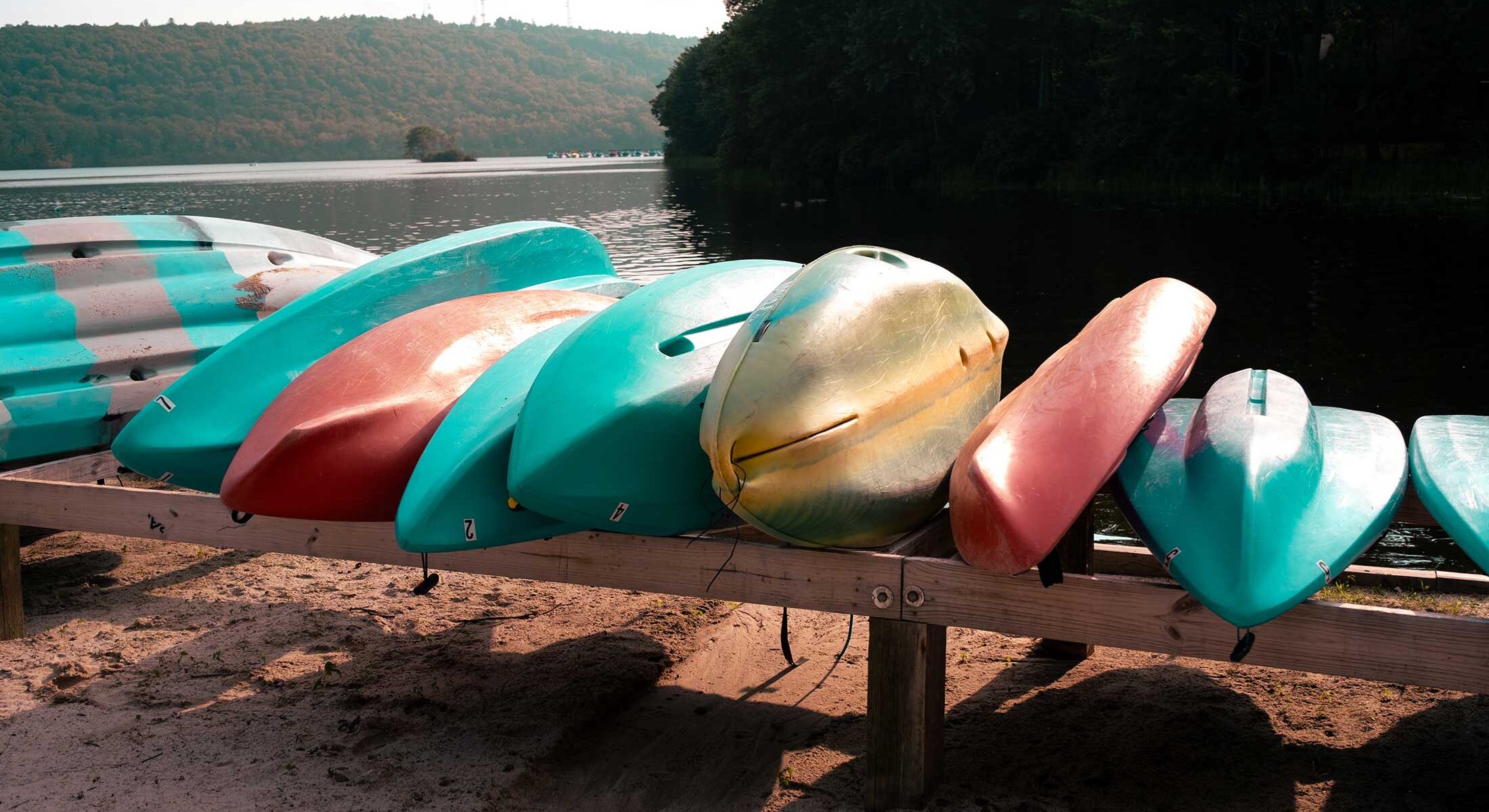 row of kayaks drying in the sun