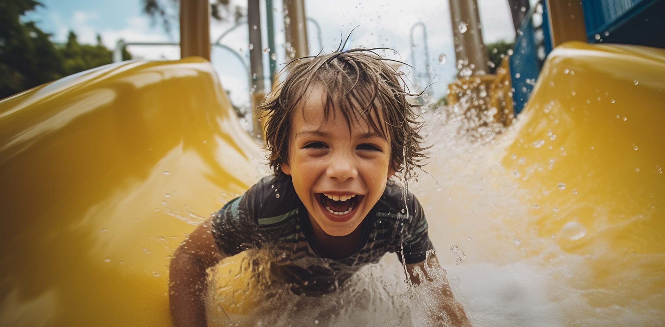 Front view smiley boy in a yellow water park slide